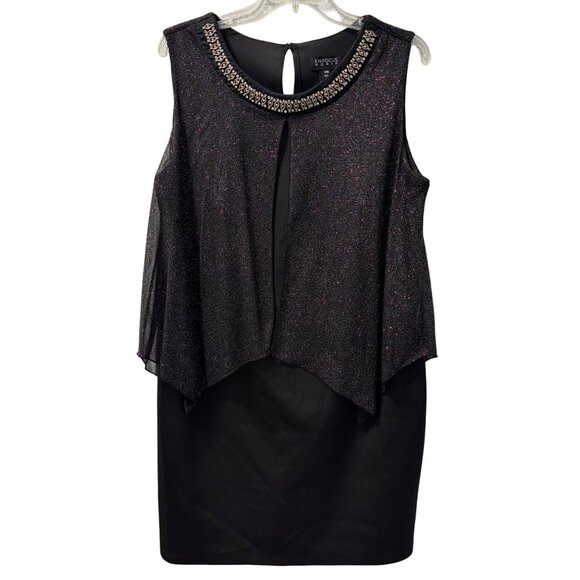 Enfocus Womens 14W Black Beaded Neck Sleeveless Shimmer Overlay Sheath Dress - Picture 2 of 12